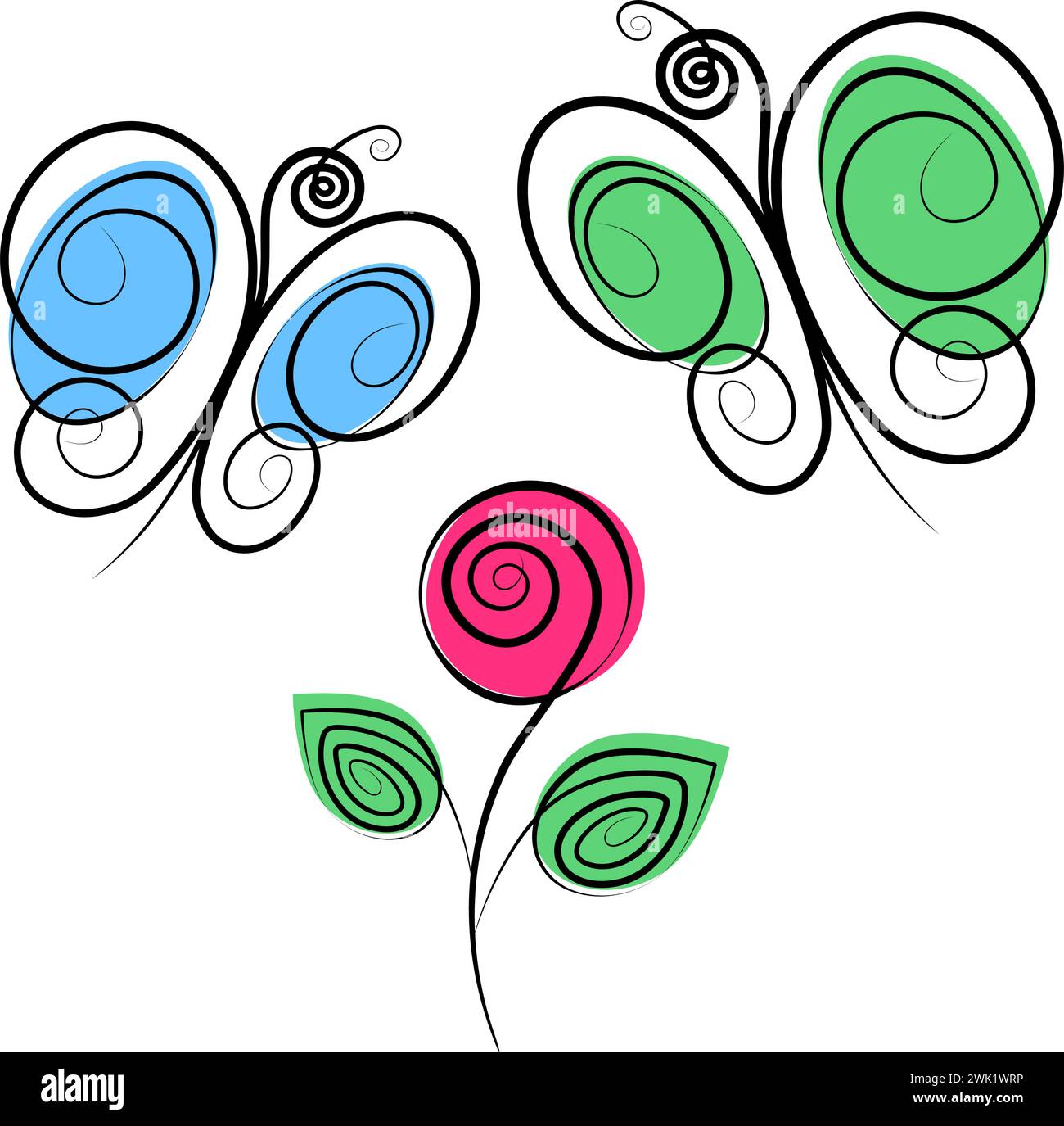 2 stylized butterflies and blossom rose in trendy marker shades. Ser of 3 greetings design elements. Isolate. EPS. Vector concept for cards, invitations, posters, banners, brochure, billboards or web Stock Vector