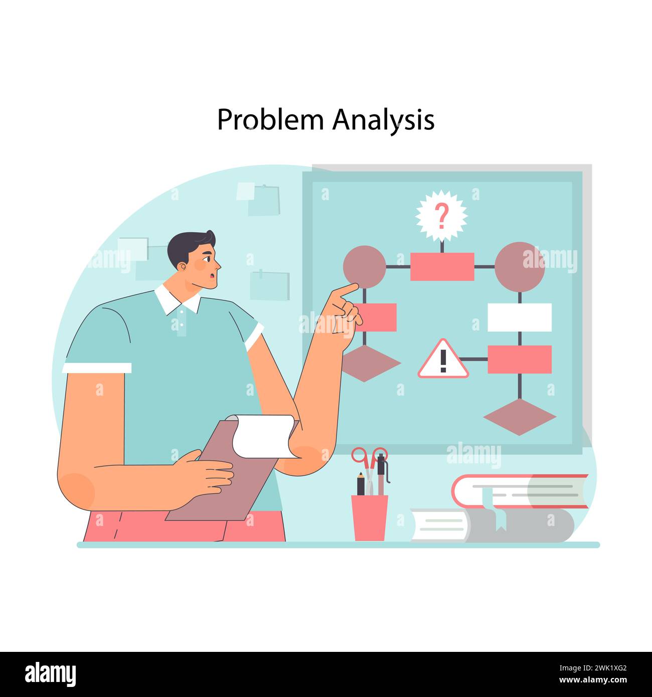 Problem analysis concept. Man pointing with finger at part of algorithm ...
