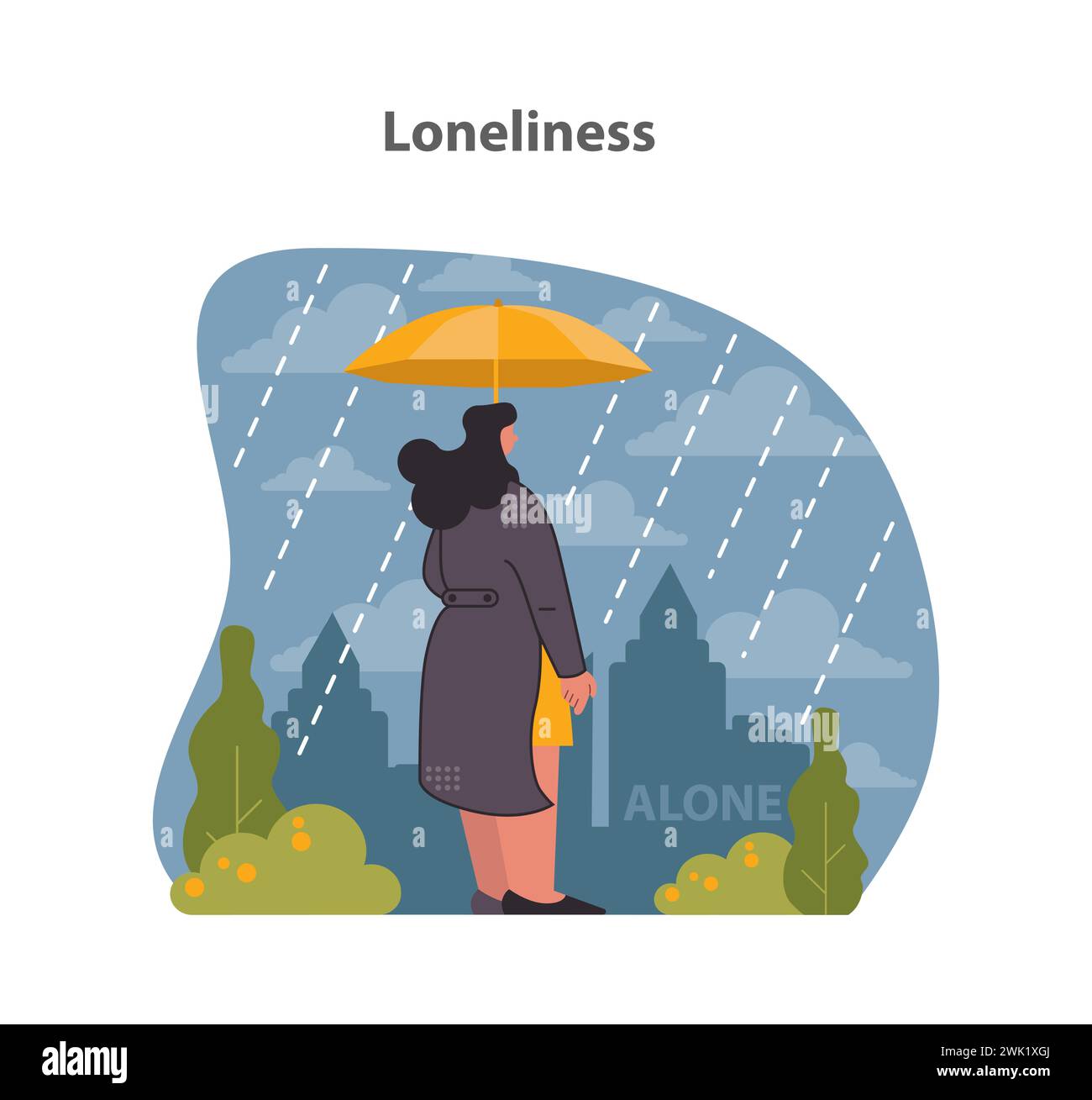 Loneliness visualized. Solitary figure against the city's backdrop, sheltered by a small umbrella in the rain. Flat vector illustration. Stock Vector
