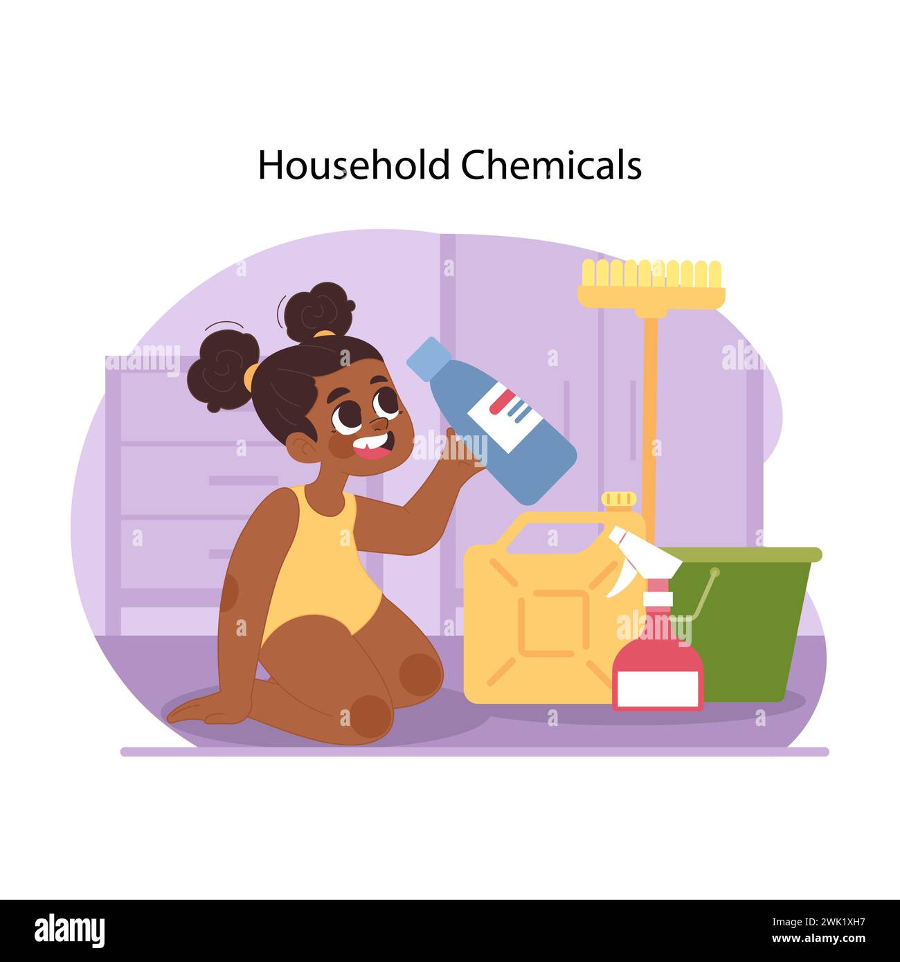 Poison prevention for kids. Curious little girl examining bottle of