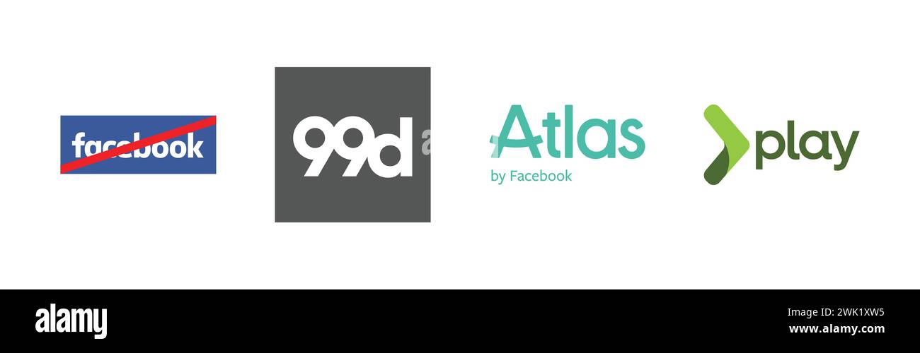Play, Atlas by Facebook, No Facebook, 99designs, Popular brand logo collection. Stock Vector