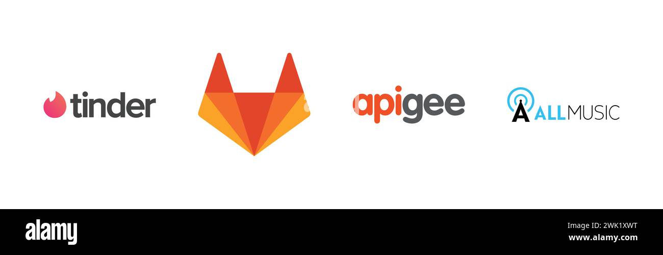 Apigee, GitLab, Tinder, Allmusic,Popular brand logo collection. Stock Vector