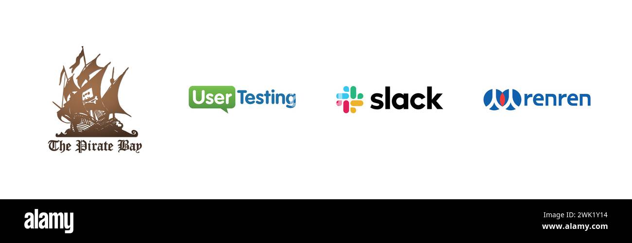 Renren , Slack, User Testing, The Pirate Bay,Popular brand logo collection. Stock Vector