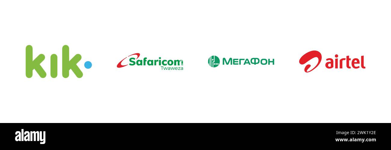MegaFon, Kik,Bharti Airtel Limited,Safaricom,Popular brand logo collection. Stock Vector
