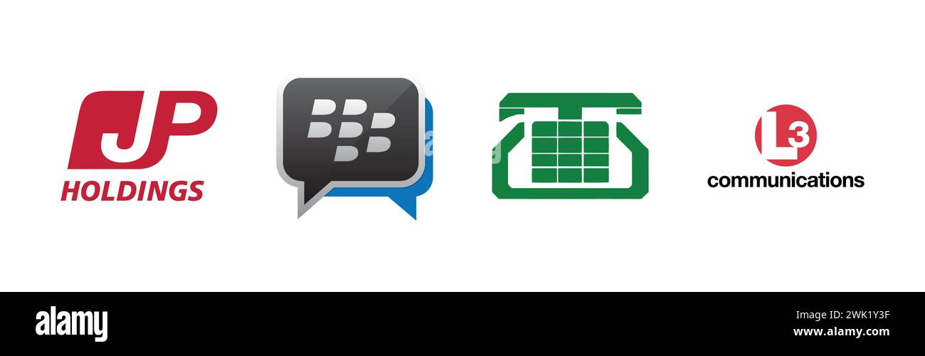 BlackBerry Messenger, Mahanagar Telephone Nigam Limited, Japan Post Holdings, L3 Communications,Popular brand logo collection. Stock Vector
