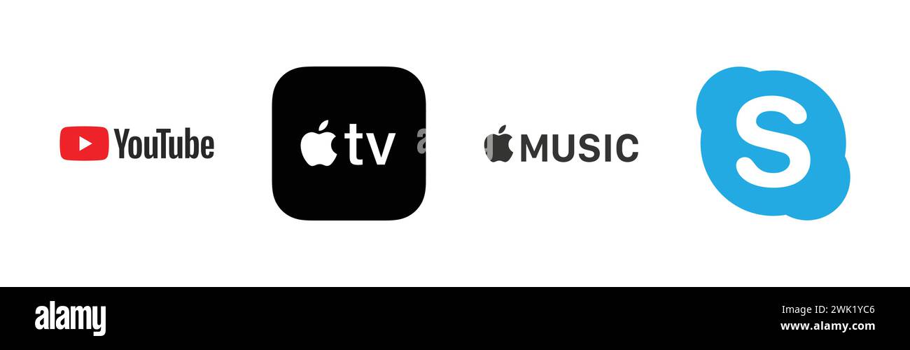 Skype Icon, Apple Music, Apple TV, YouTube,Popular brand logo collection. Stock Vector