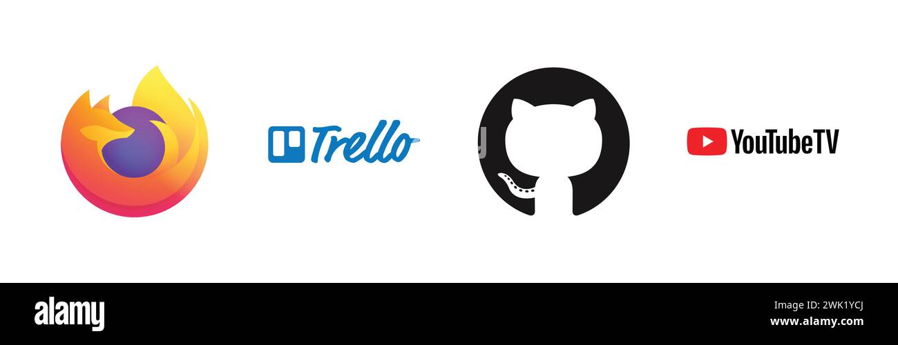 Youtube tv, GitHub, Mozilla Firefox, Trello, Popular brand logo collection. Stock Vector