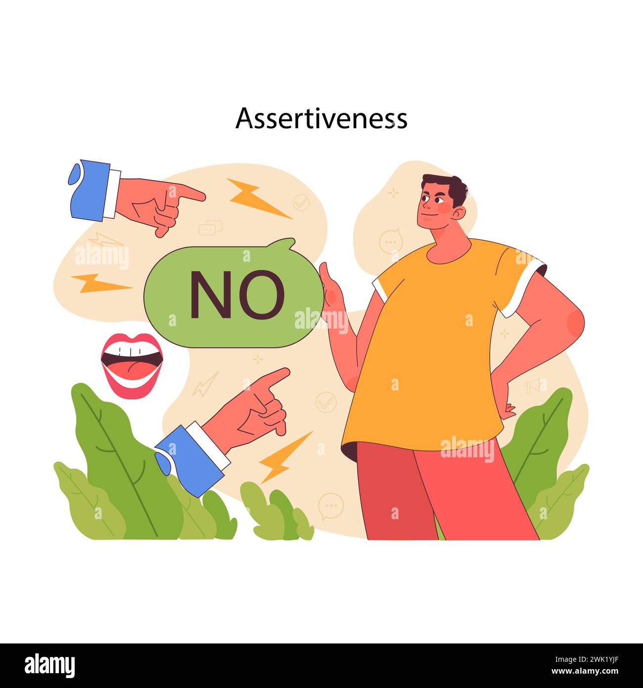 Assertiveness concept. Young man confidently expresses boundary with firm rejection to aggressive people pointing fingers. Importance of clear communication and self-respect. Flat vector illustration Stock Vector