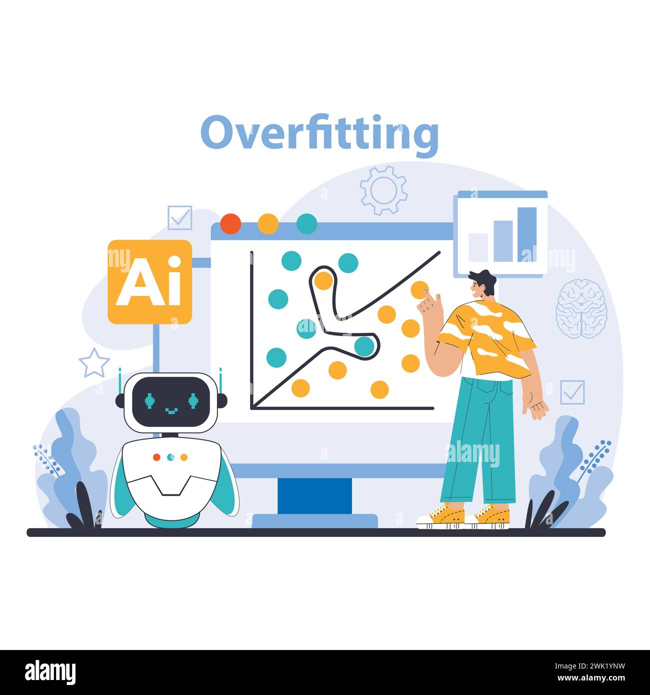 AI Model concept. Educational visual on overfitting in data science, featuring AI and machine learning algorithms. Expertise in action. Flat vector illustration. Stock Vector