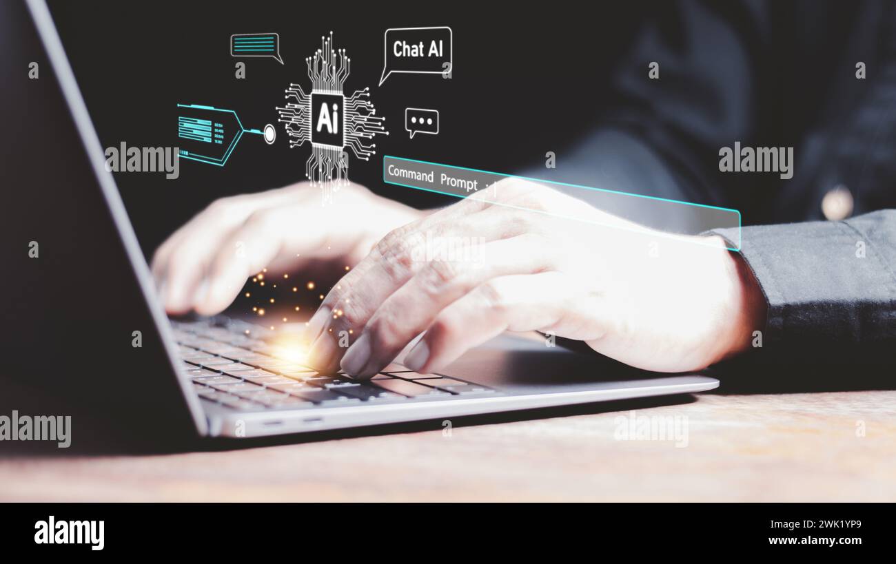 man using the website or software technology AI to help and support work for chatbot, chat ai, generate image, write code, and data analysis using tec Stock Photo