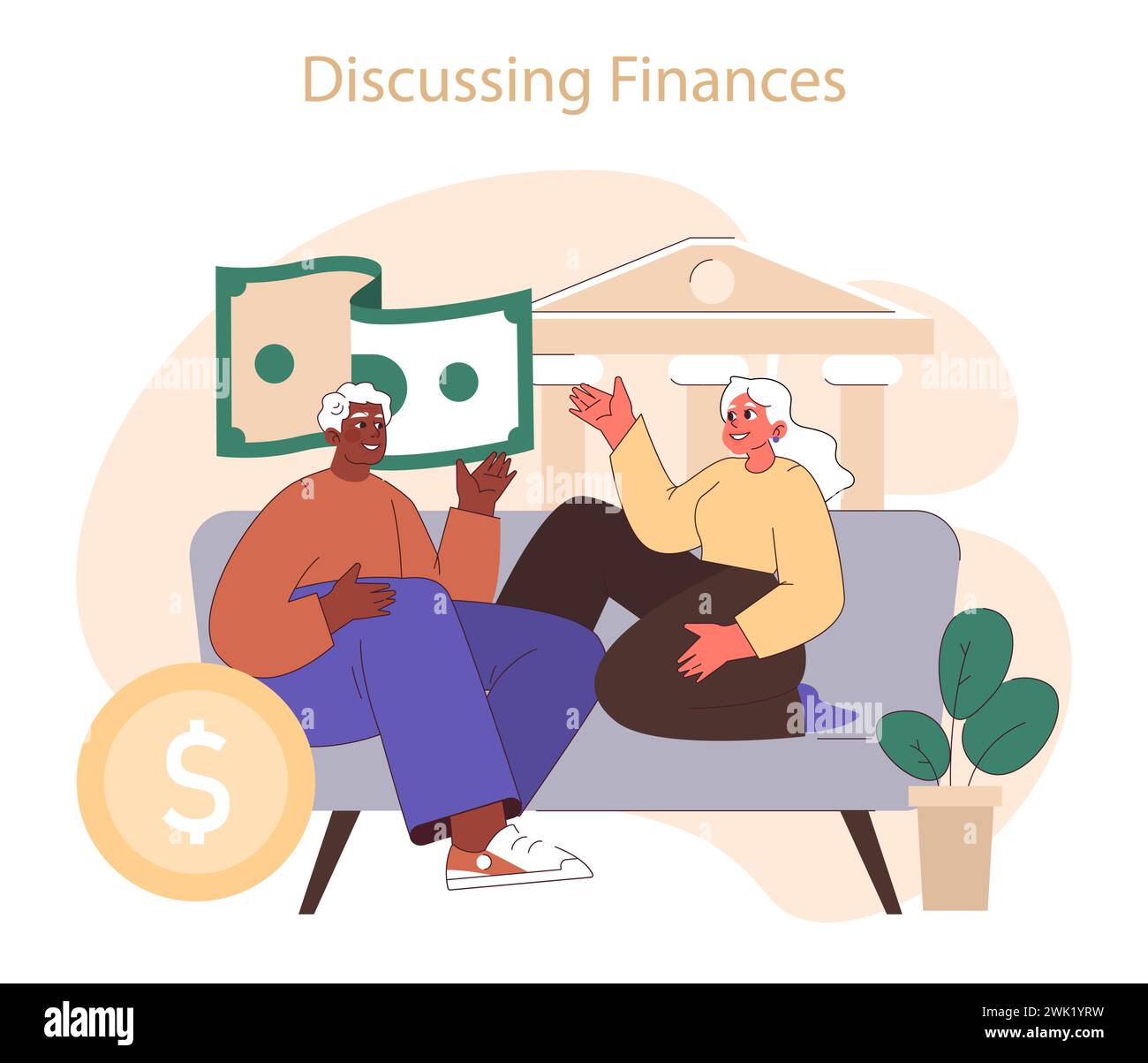 Discussing finances. Mature couple engaged in a lively conversation about money and savings. Financial planning in later life. Flat vector illustration Stock Vector