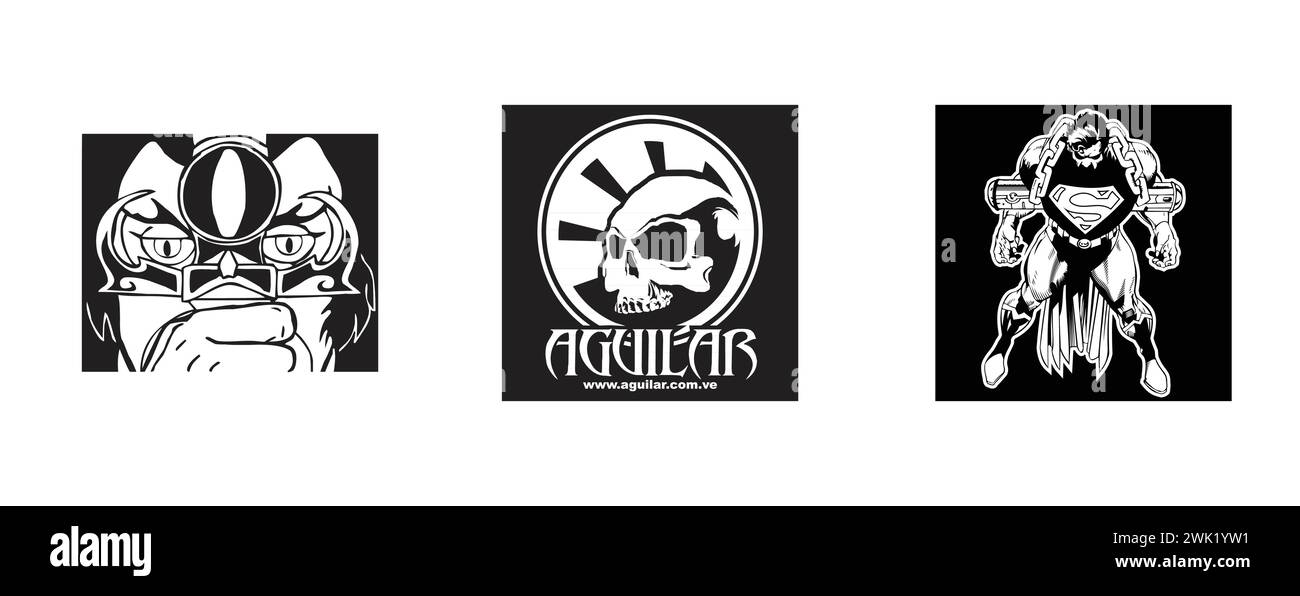 Superman, Thundercats, AGUILAR. Arts and design editorial logo collection. Stock Vector
