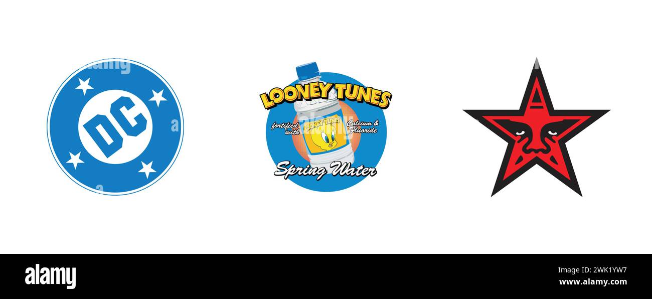 Looney Tunes Spring Water, Obey the Giant, DC. Arts and design editorial logo collection. Stock Vector