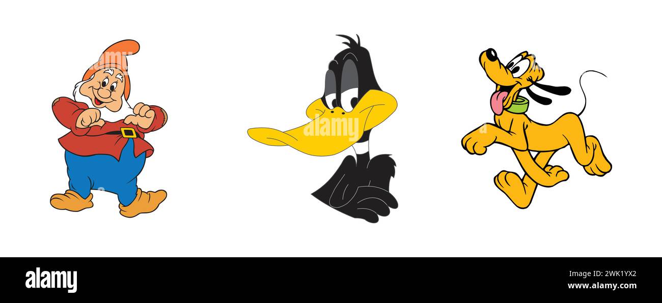 Happy, Daffy Duck, Pluto . Arts and design editorial logo collection. Stock Vector
