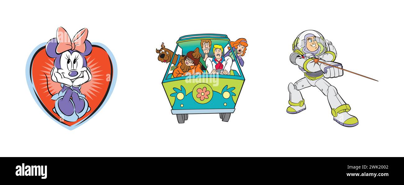 Minnie Mouse, Scooby Doo, Toy Story. Arts and design editorial logo