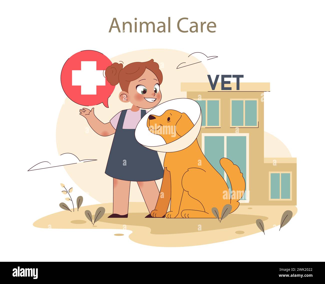 Animal Care concept. Girl guides dog with a cone collar at vet clinic