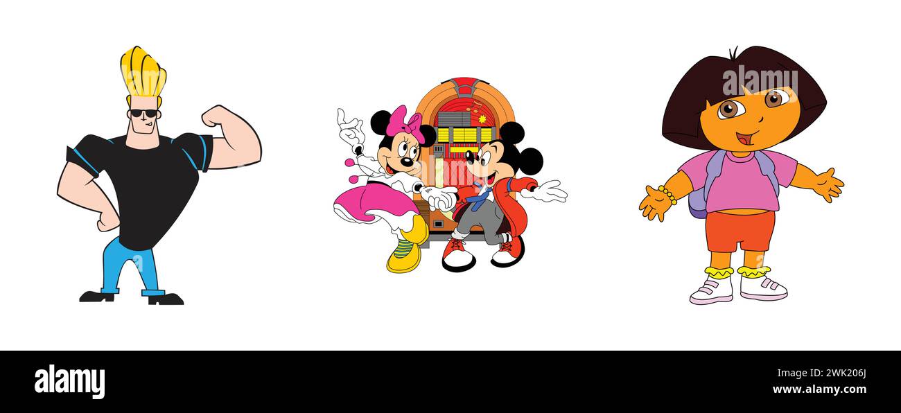 Johnny Bravo, Mickey Mouse, Dora. Arts and design editorial logo collection. Stock Vector