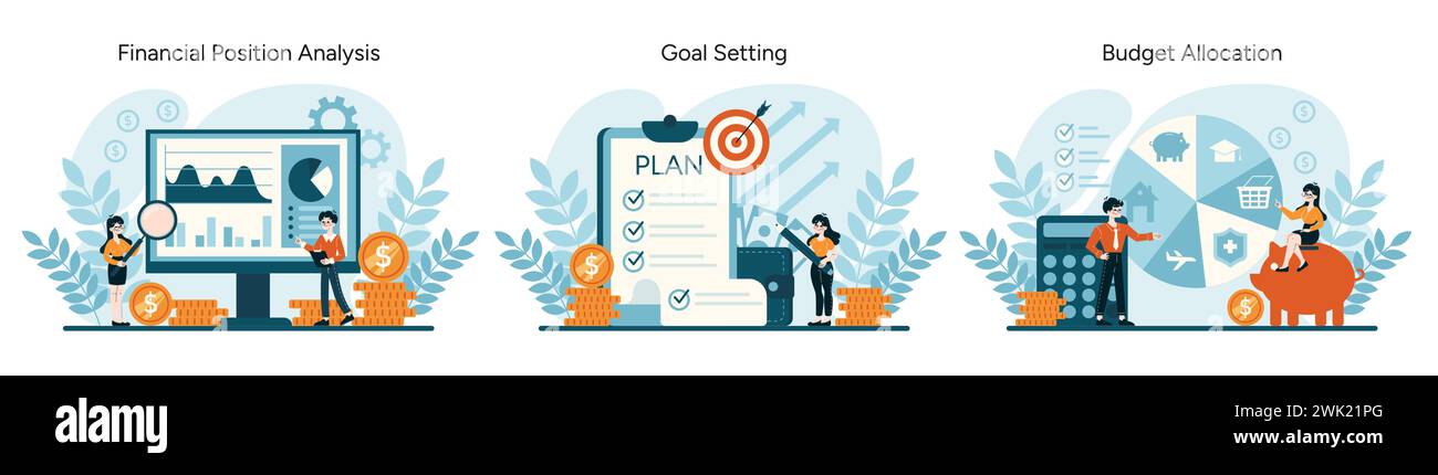 Financial mastery set. Analyzing, setting goals, and allocating funds for monetary success. Strategic financial management visualized. Flat vector illustration Stock Vector