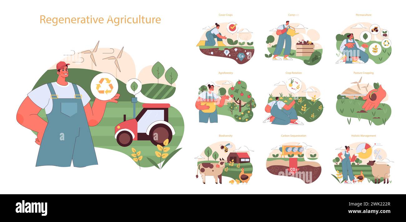 Regenerative Agriculture set. Sustainable farming practices and soil