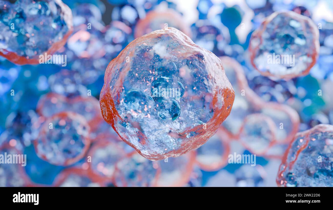 Human cells floating, Embryonic stem cell, Cellular therapy and Regeneration, Disease treatment, eosinophile, organic molecular structure, cancer and Stock Photo
