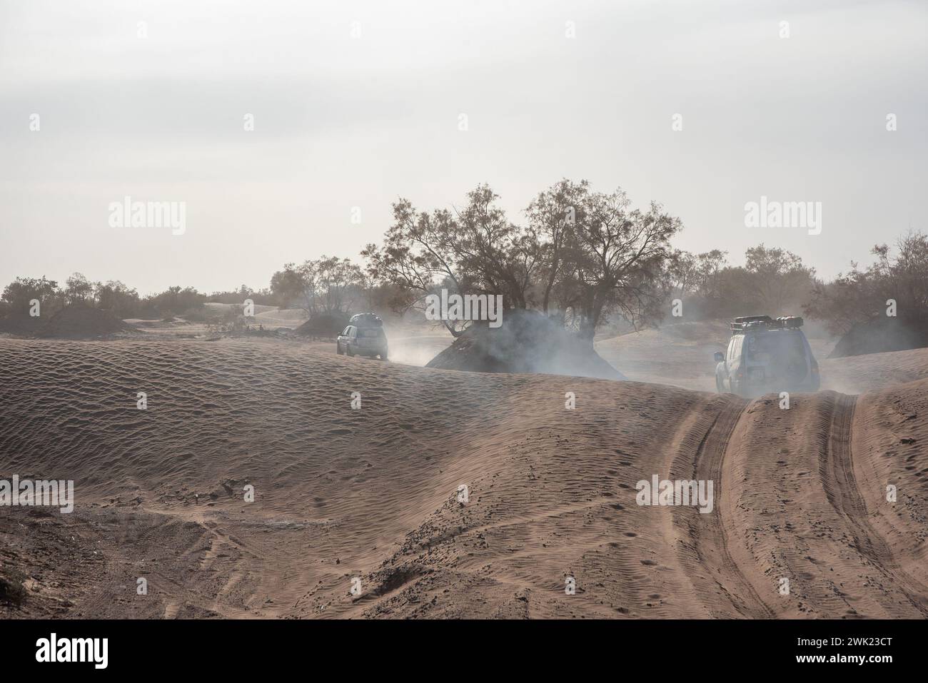 Two Cars Are Driving Through The Dunes Towards Erg Chigaga Near The two-cars-are-driving-through-the-dunes-towards-erg-chigaga-near-the