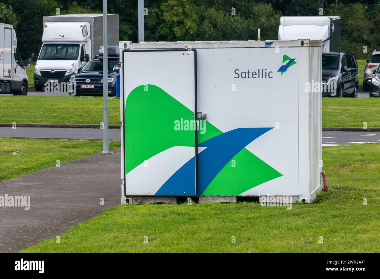 Saint-Ghislain, Belgium - August 6, 2023: Satellic Viapass selling box in Belgium. Stock Photo