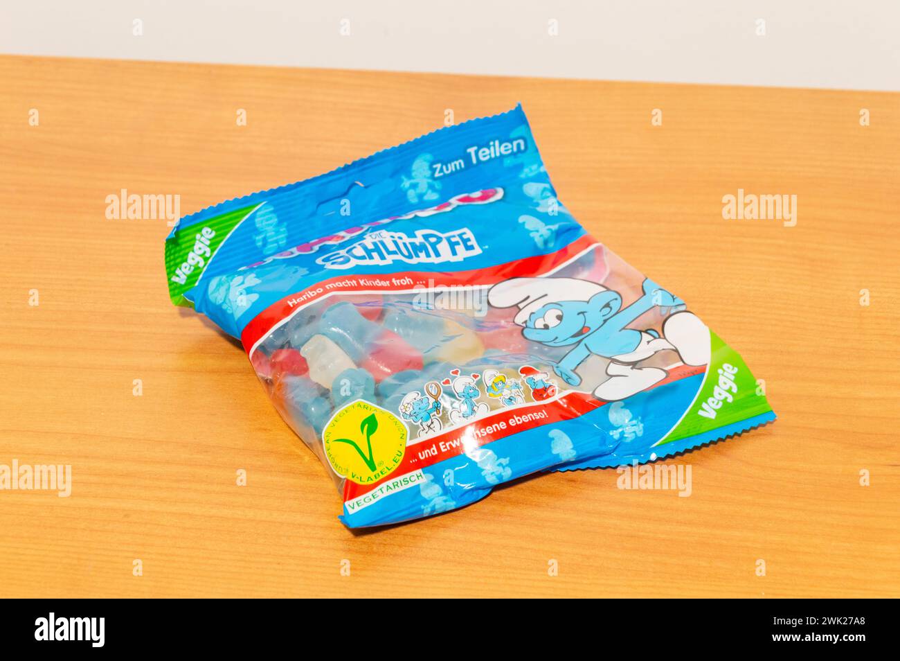 Pruszcz Gdanski - December 23, 2023: Haribo jellies in the shape of Smurfs. Stock Photo