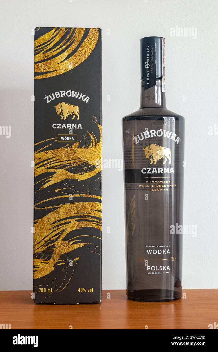 Pruszcz Gdanski - December 24, 2023: Box and bottle of Zubrowka czarna (black) vodka. Stock Photo