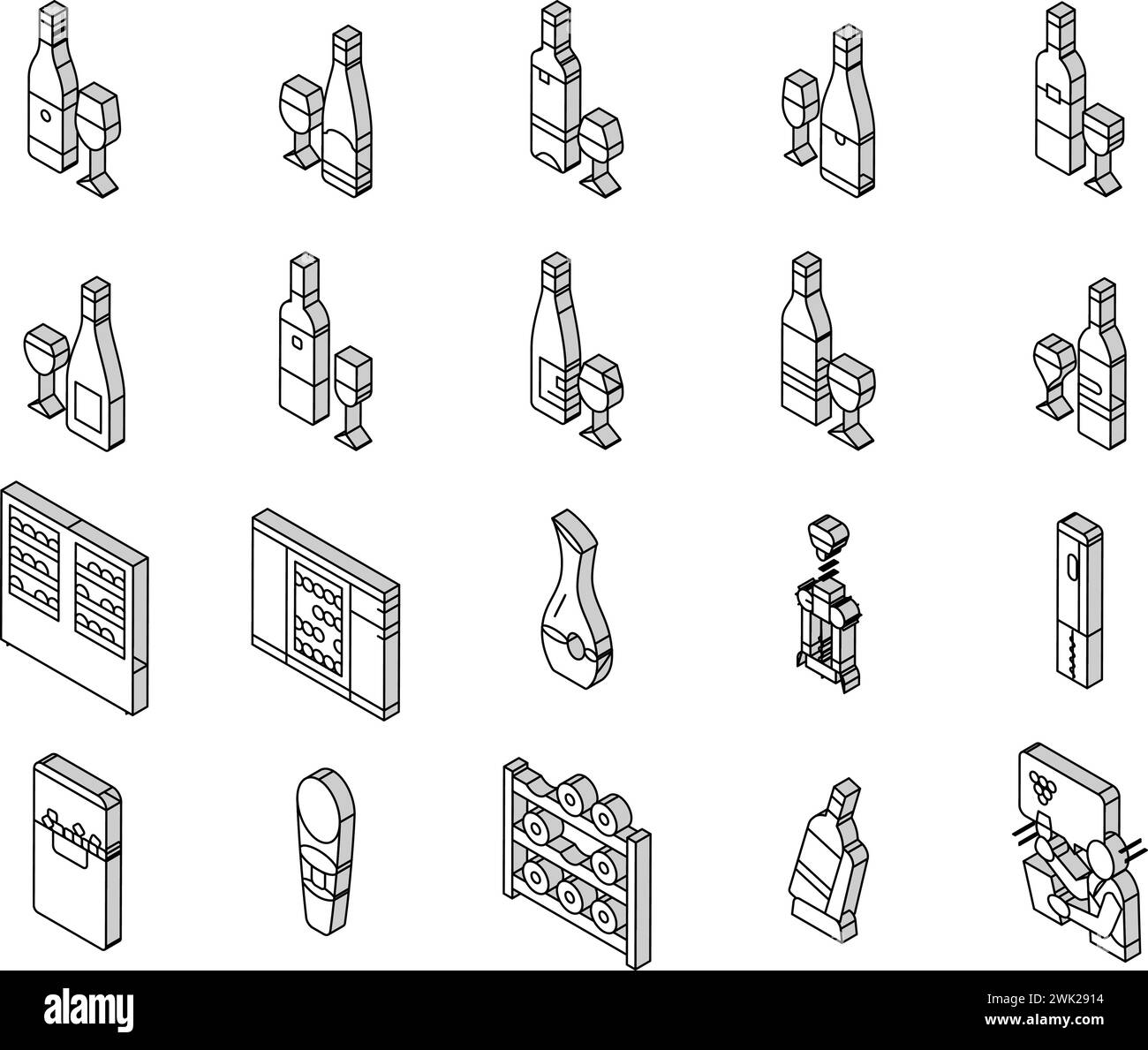 wine glass alcohol red bottle isometric icons set vector Stock Vector ...