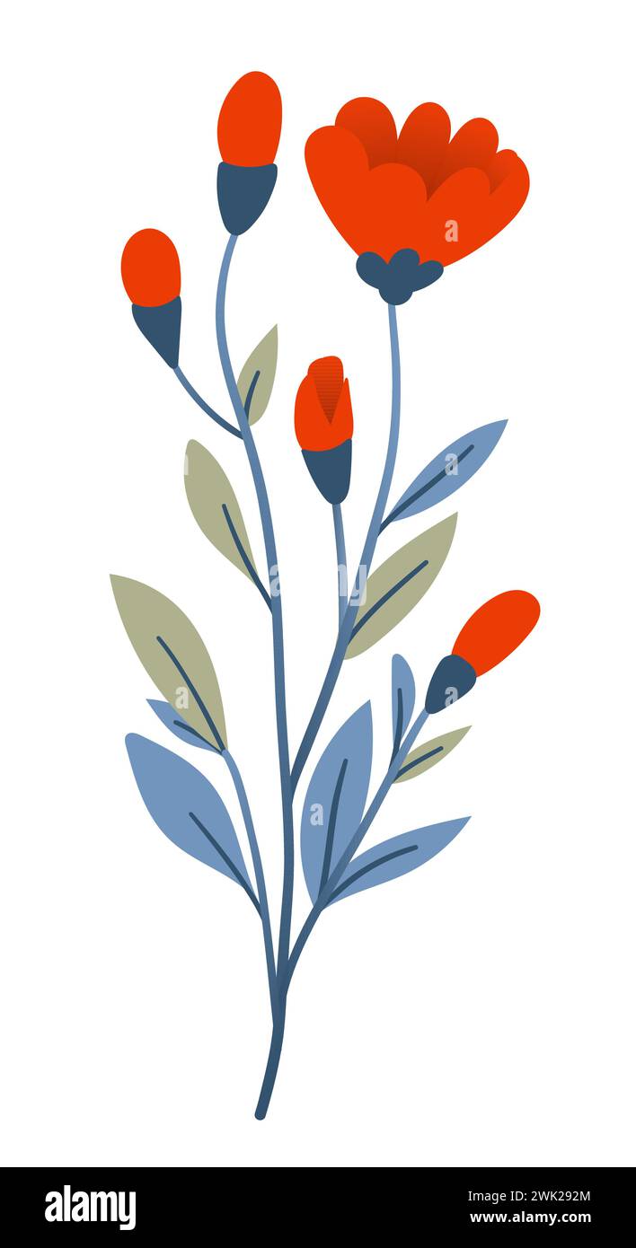 Bouquet of plants and red flowers in flat style on white background ...