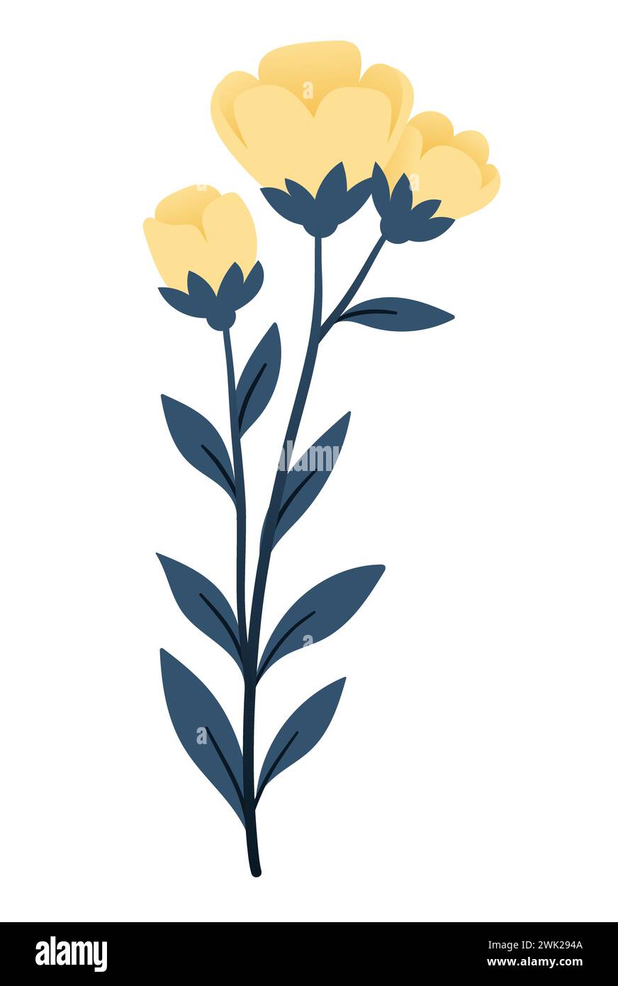 Bouquet of plants and yellow flowers in flat style on white background ...
