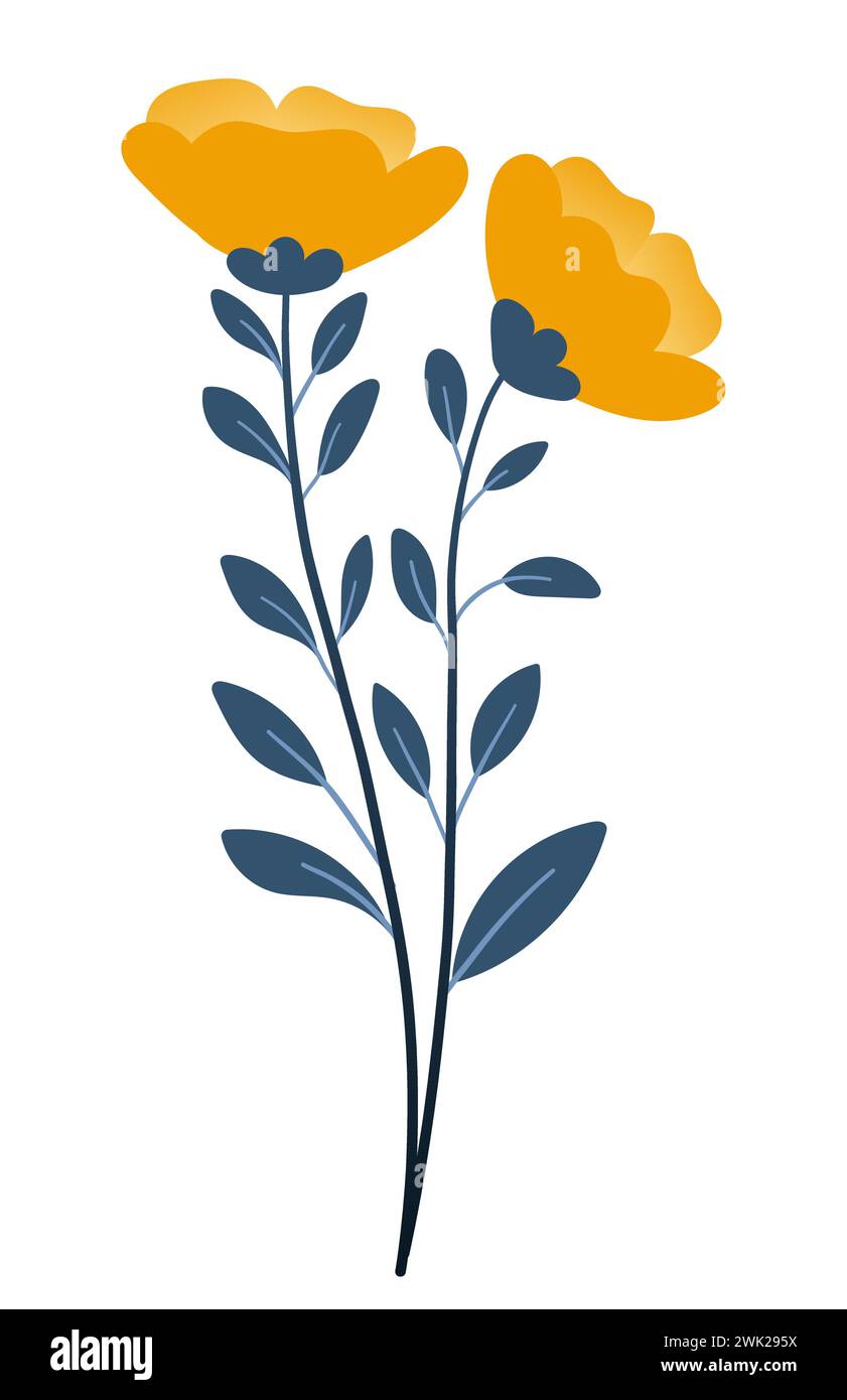 Bouquet of plants and yellow flowers in flat style on white background ...