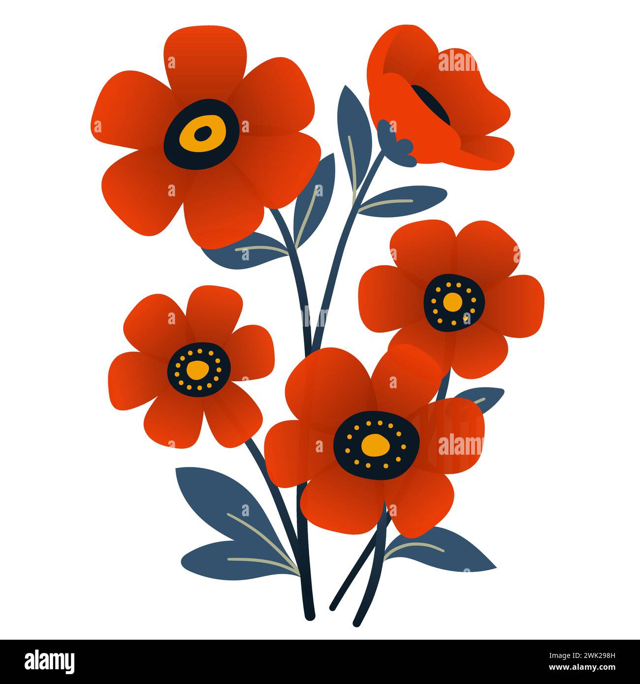 Bouquet of plants and red flowers in flat style on white background ...