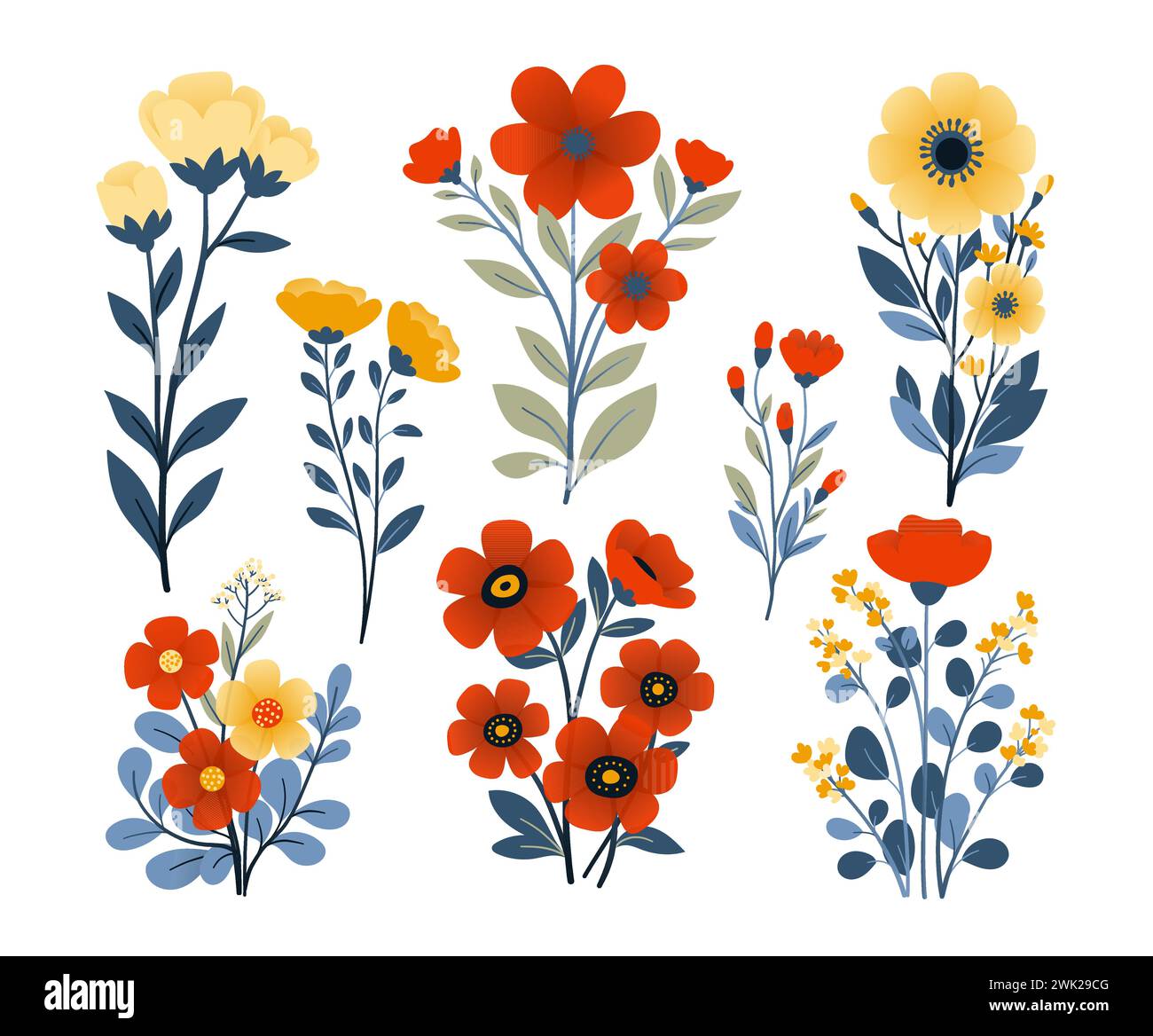 Set of wild plants and flowers in flat style on white background ...