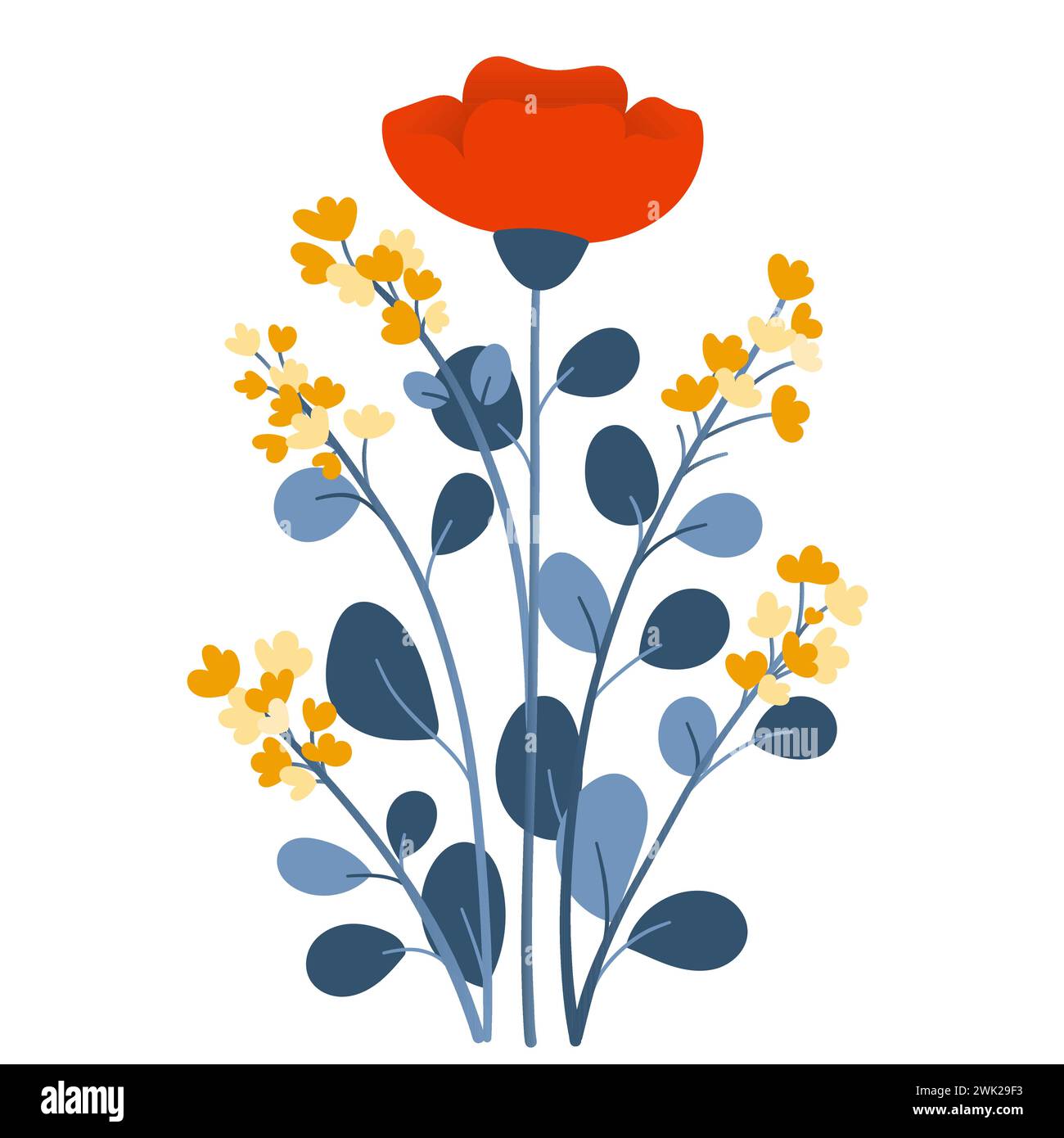 Bouquet of plants and red flowers in flat style on white background ...