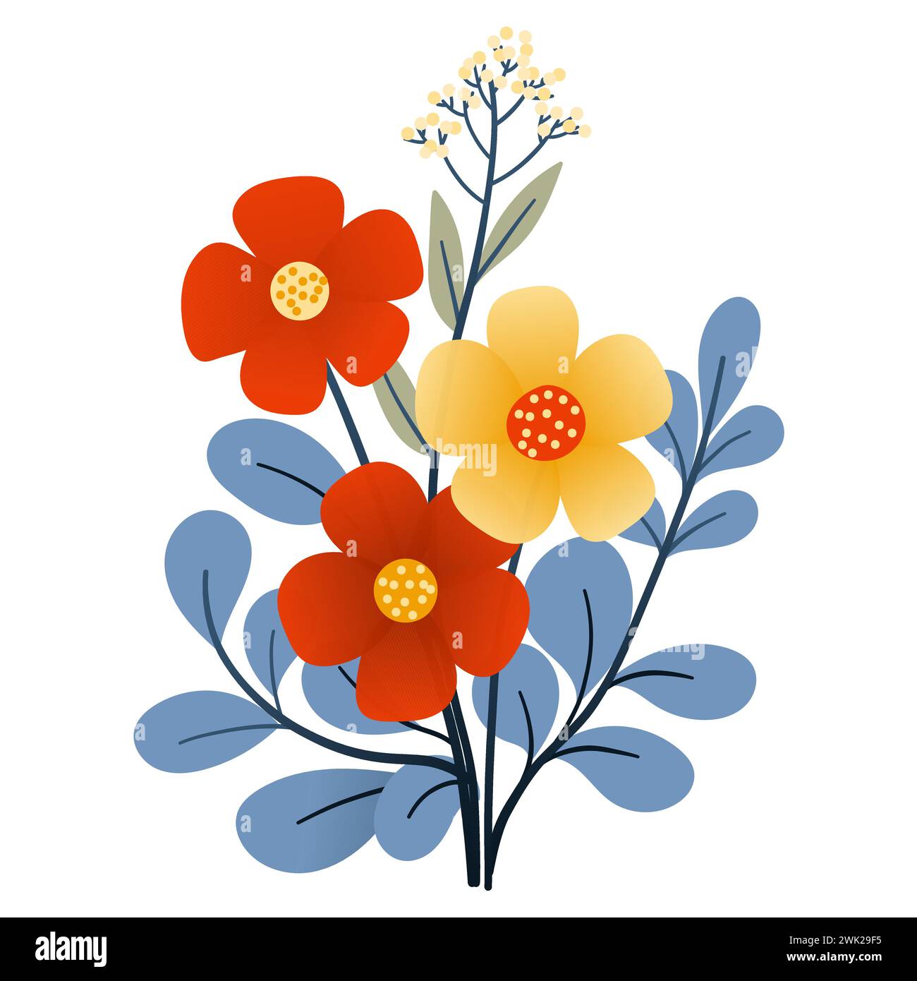 Bouquet of plants and red flowers in flat style on white background ...
