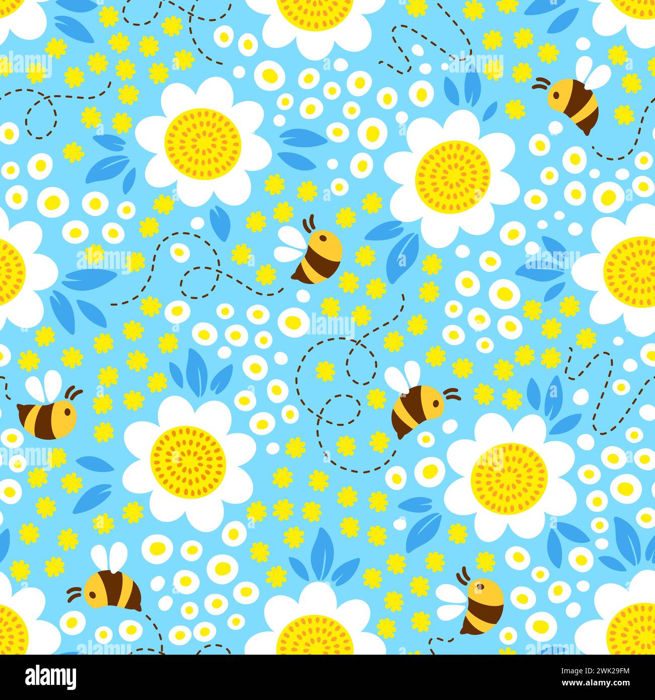 Bees on blossom meadow. Hand drown seamless vector pattern design Stock Vector