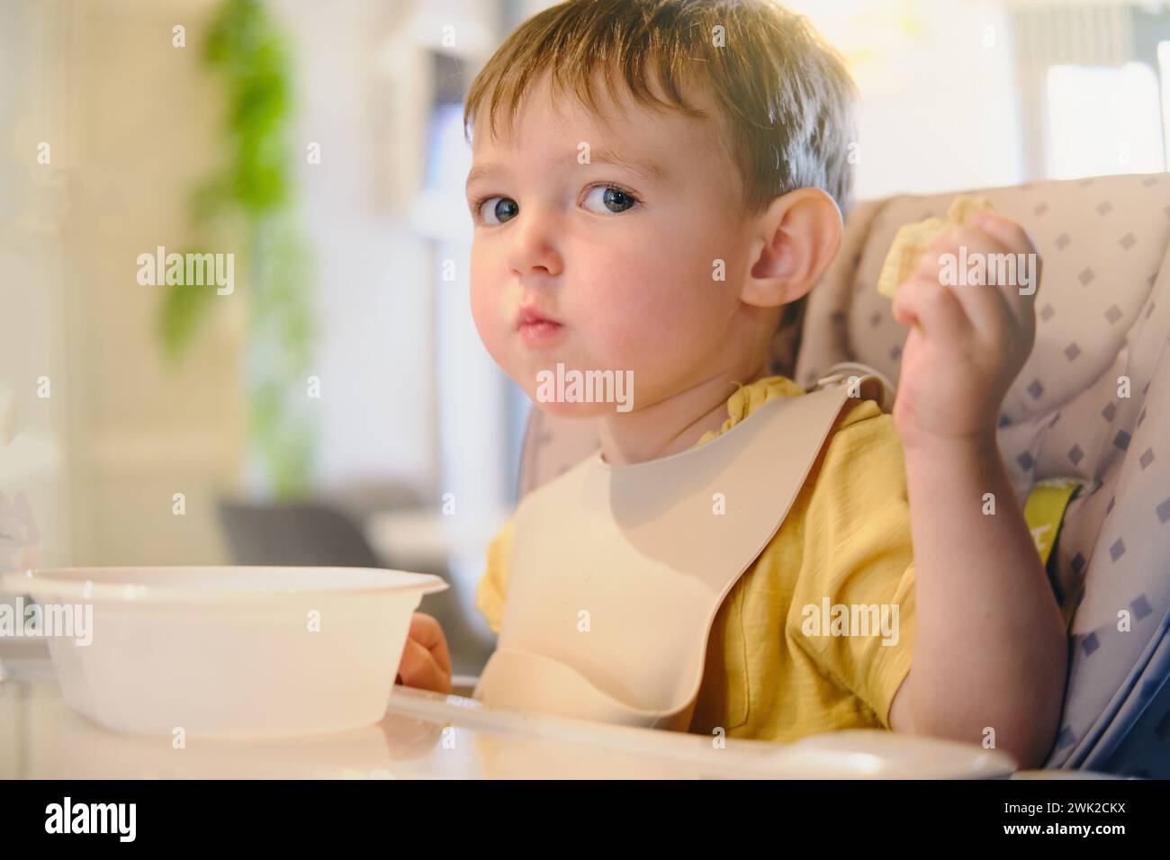 Baby boy eats cookies in a cafe. Child in a restaurant sitting at a table on a high chair. Kid aged two years Stock Photo