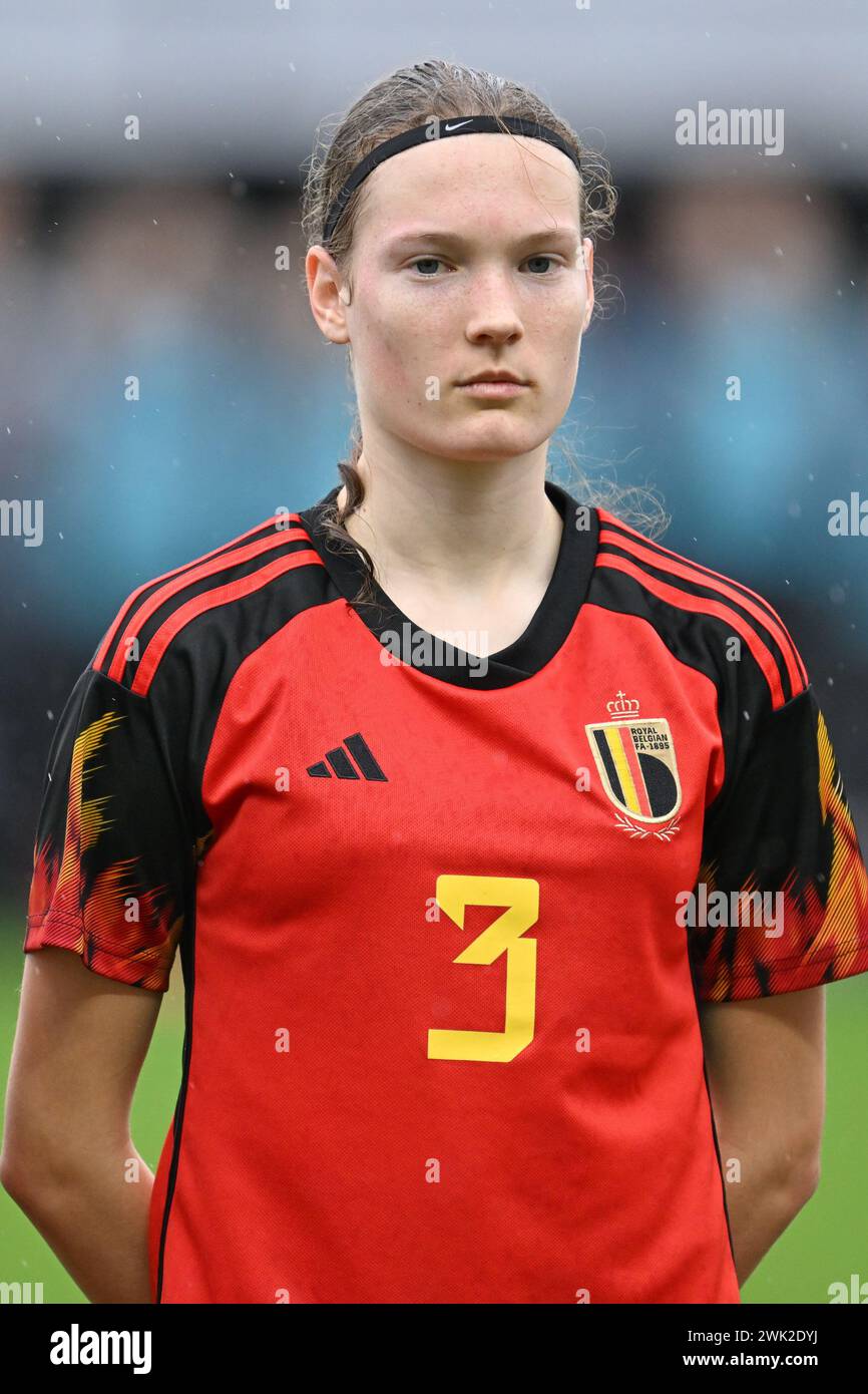 Belgium. 14th Feb, 2024. Chionne Bonny (3) of Belgium pictured during a friendly soccer