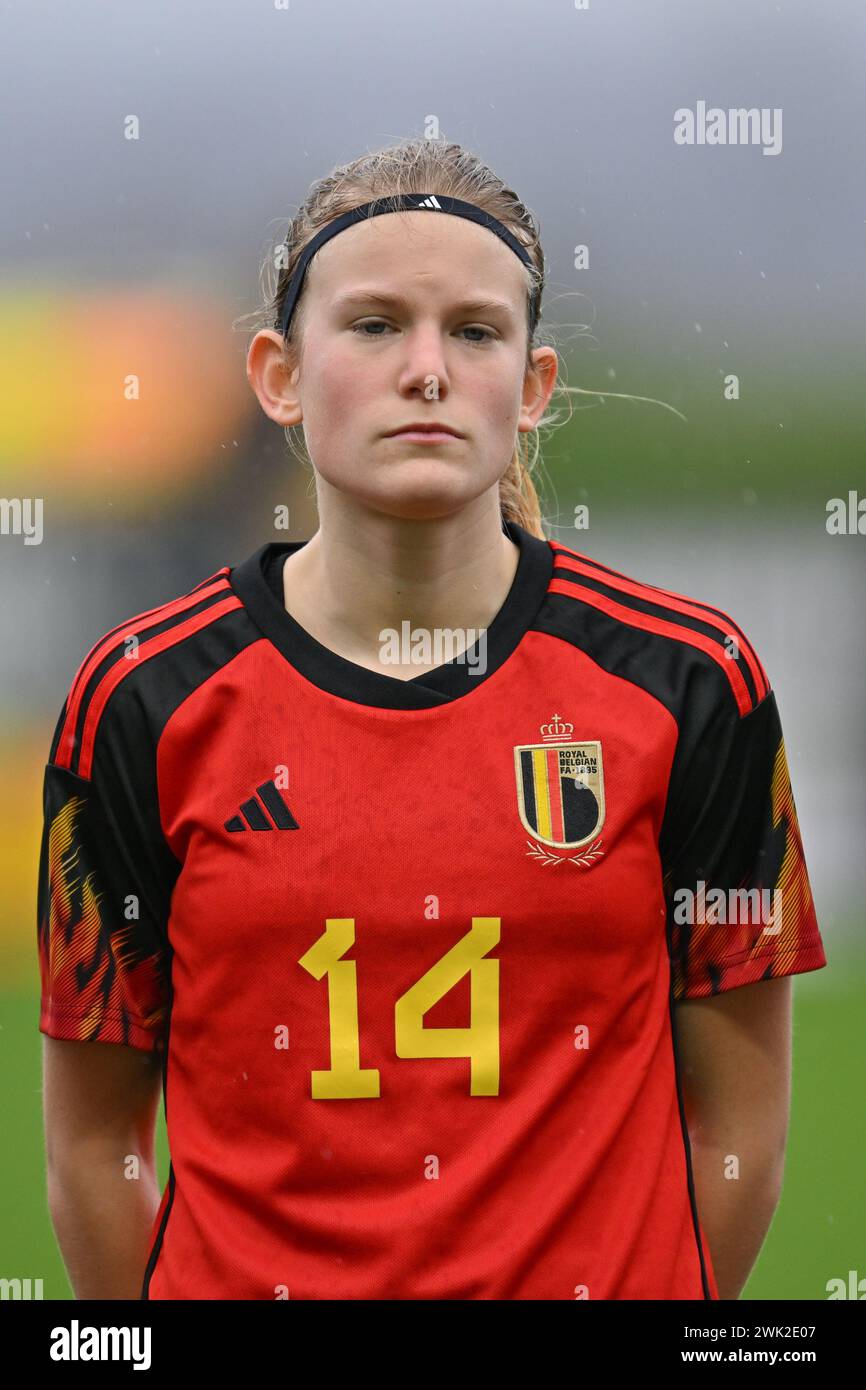 Belgium. 14th Feb, 2024. Alexia Dooms (14) of Belgium pictured during a friendly soccer