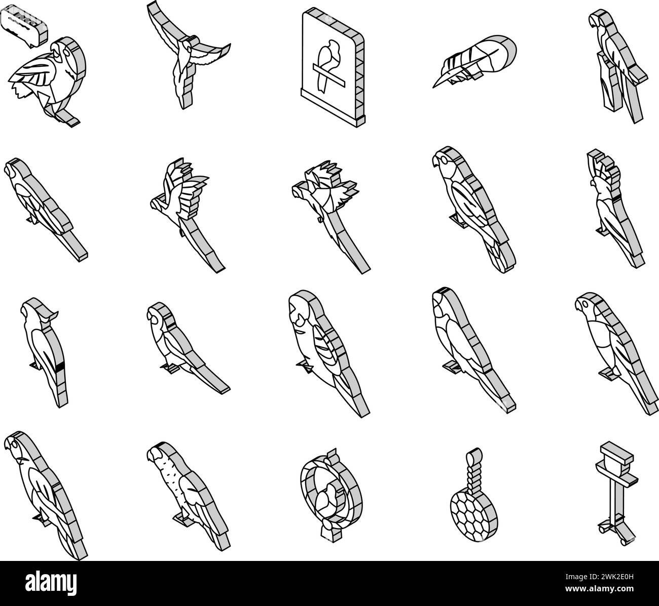 parrot bird blue animal tropical isometric icons set vector Stock