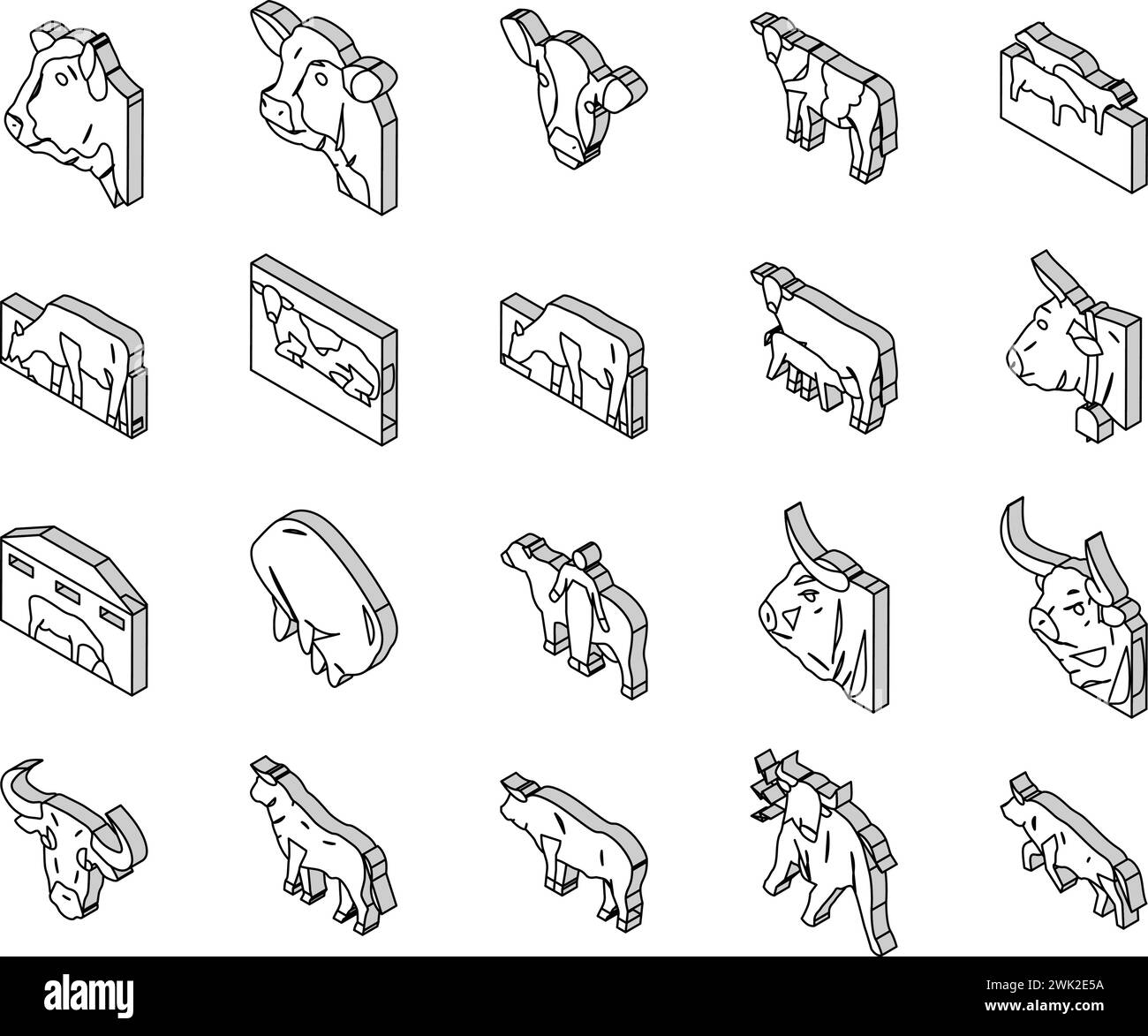 cow farm dairy cattle milk white isometric icons set vector Stock
