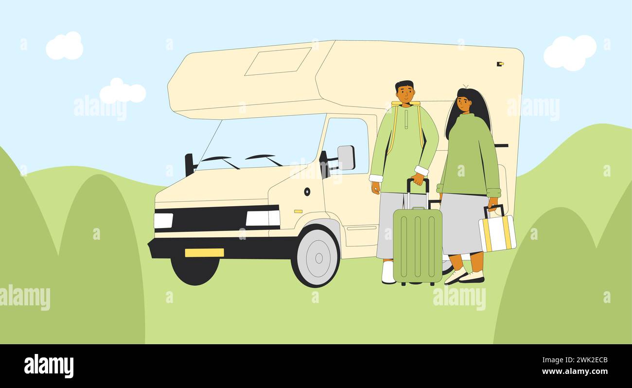Couple travelling. Caravan, camper trailer with family. Road trip on ...