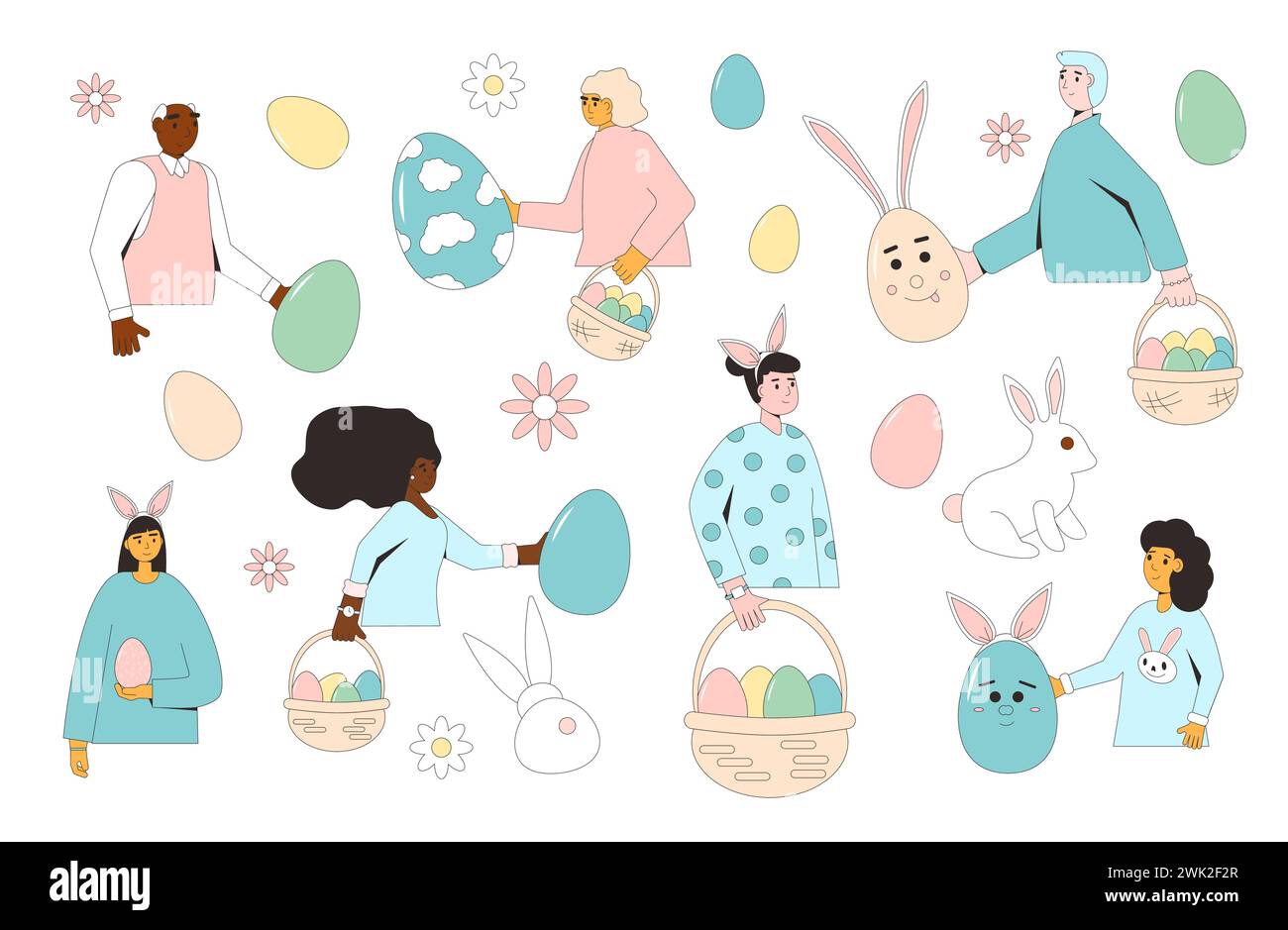 Easter eggs hunt set isolated on white background. People with eggs ...