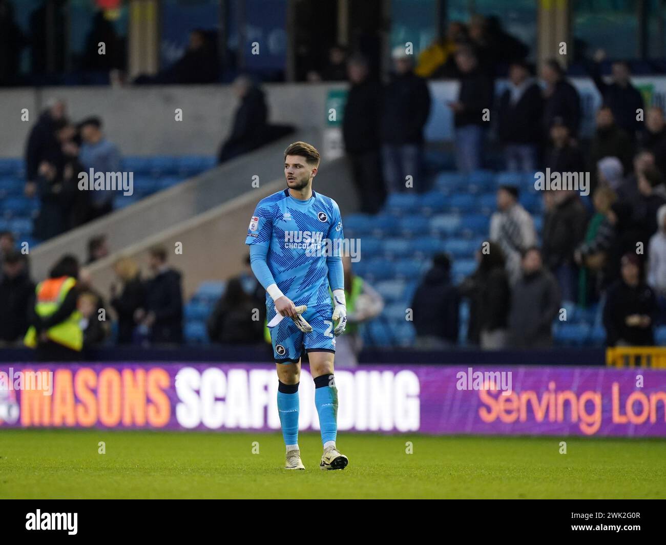 LONDON, ENGLAND - FEBRUARY 17: Matija Šarkić of Millwall looks dejected after the Sky Bet Championship match between Millwall and Sheffield Wednesday at The Den on February 17, 2024 in London, England. (Photo by Dylan Hepworth/MB Media) Stock Photo