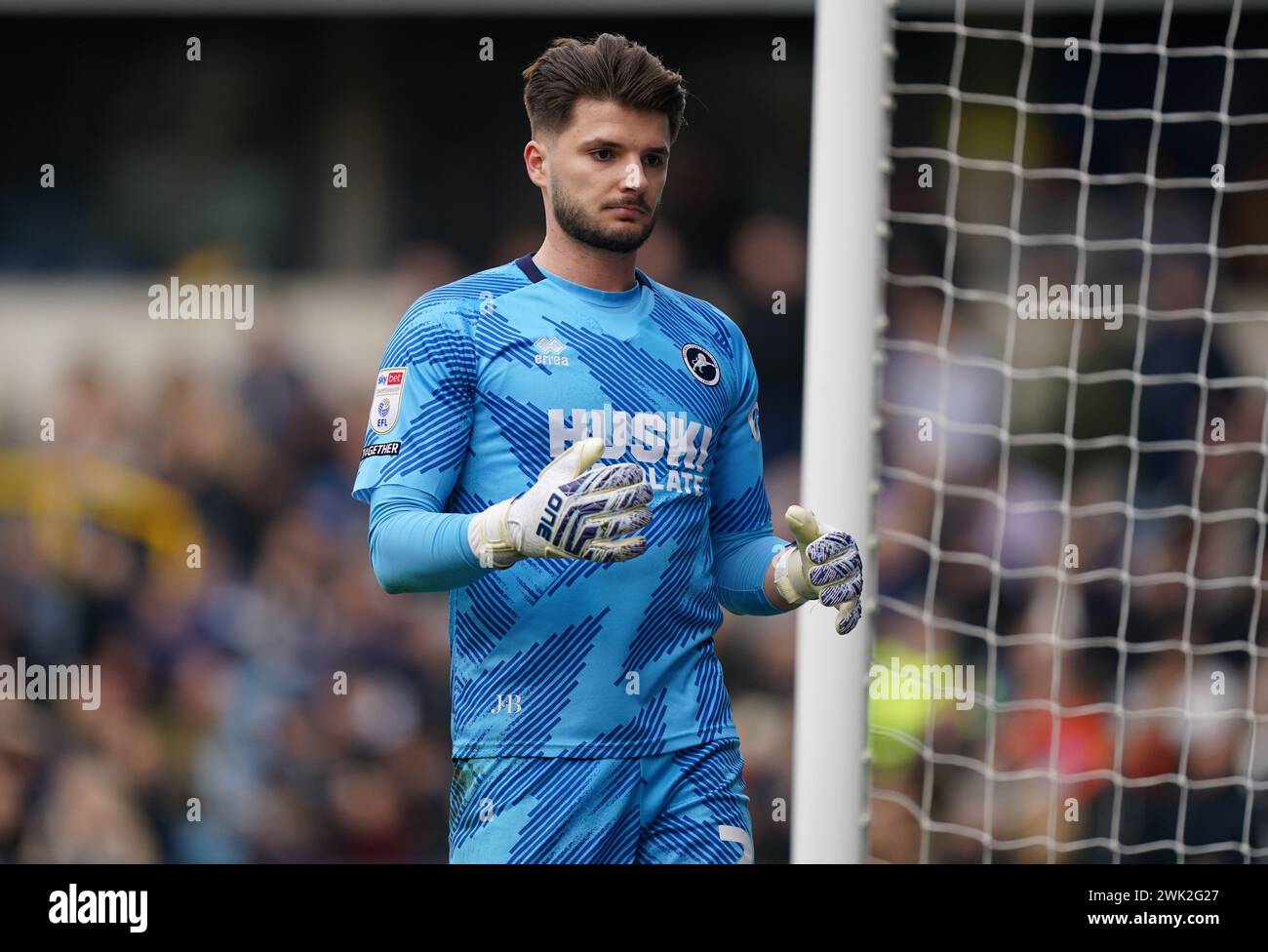 LONDON, ENGLAND - FEBRUARY 17: Matija Šarkić of Millwall during the Sky Bet Championship match between Millwall and Sheffield Wednesday at The Den on February 17, 2024 in London, England. (Photo by Dylan Hepworth/MB Media) Stock Photo