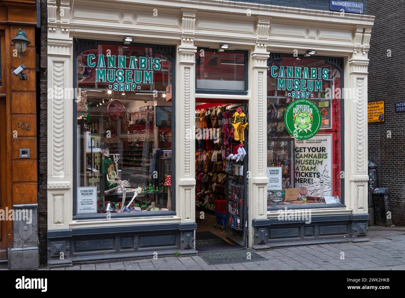 Cannabis museum in one of the oldest streets in Amsterdam - De Warmoesstraat, near the red light district. Stock Photo