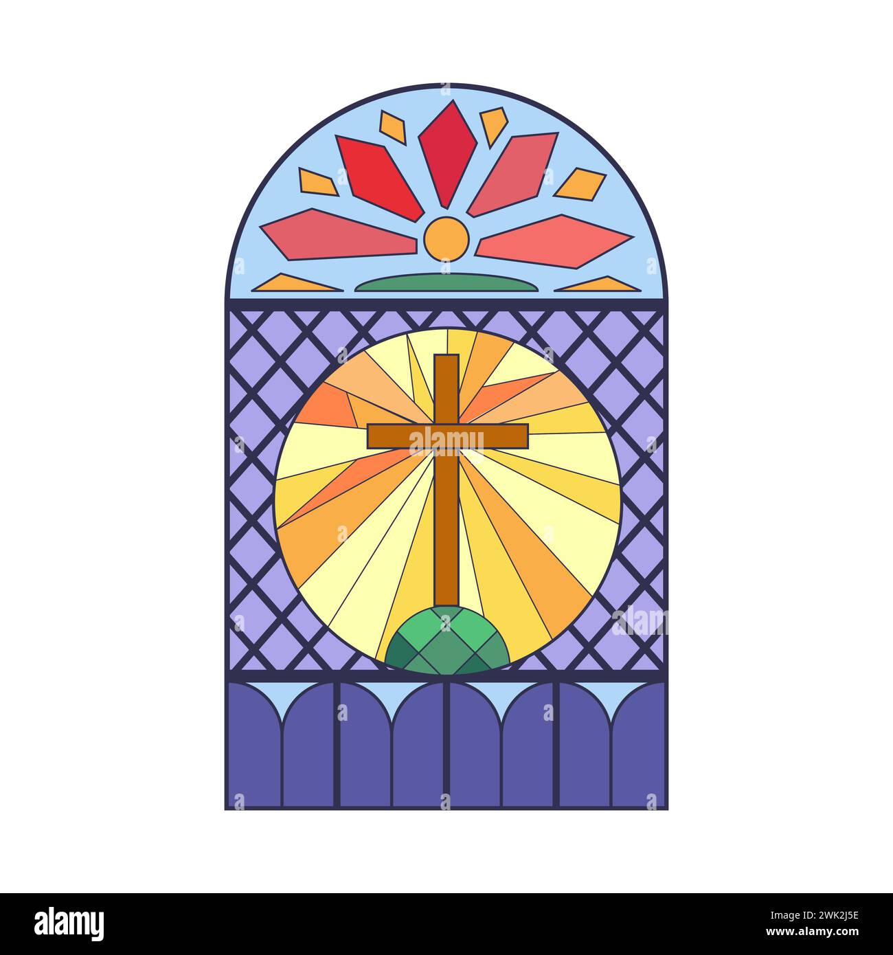 Stained glass round arch window, Christian cross and sunrise mosaic