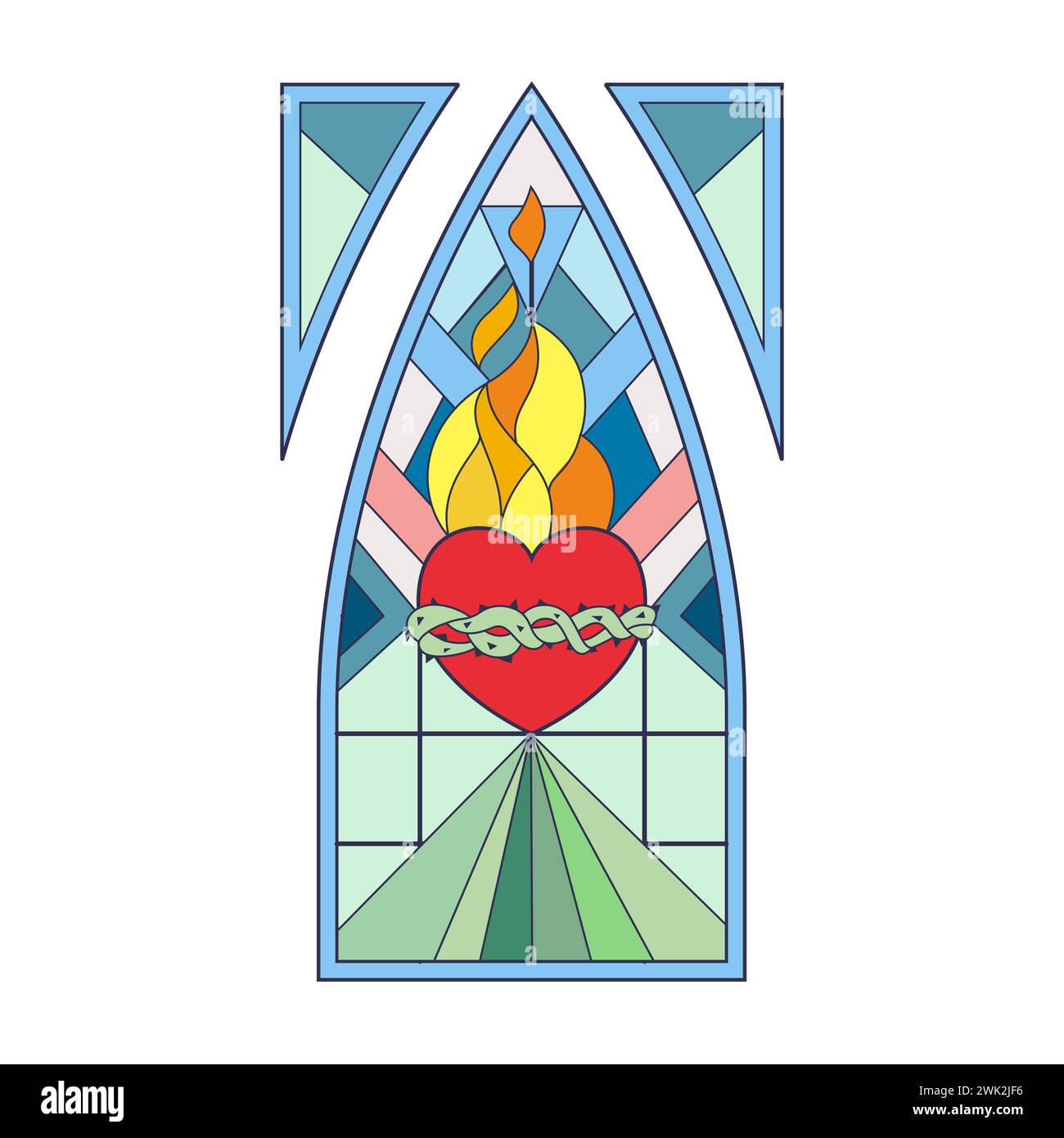 Stained glass arch gothic window, mosaic pattern with burning red heart