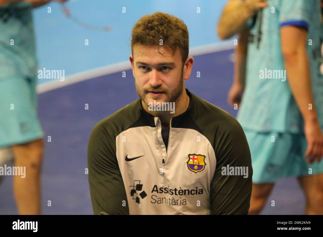 Torrelavega, Spain. 17th Feb, 2024. Barça's goalkeeper, Gonzalo Perez de Vargas (1) approaches the stands during the 18th matchday of the Plenitude League between Bathco BM. Torrelavega and Barça, on February 17, 2024, at the Vicente Trueba Municipal Pavilion in Torrelavega, Spain. (Photo by Alberto Brevers/Pacific Press) Credit: Pacific Press Media Production Corp./Alamy Live News Stock Photo